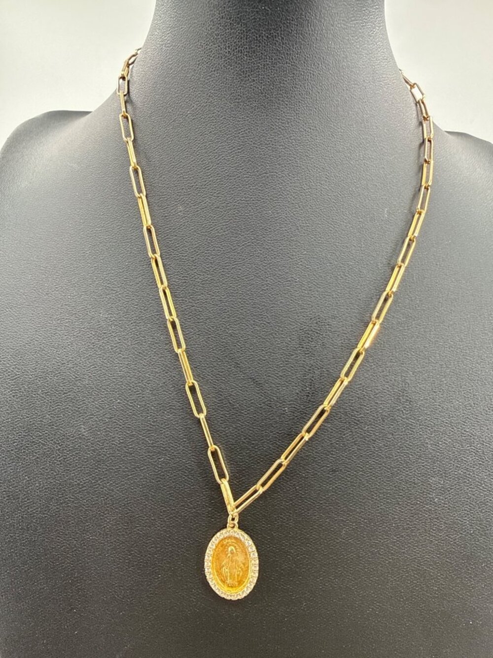 Gold CZ Virgin Mary Miraculous Medal Paperclip Chain Necklace